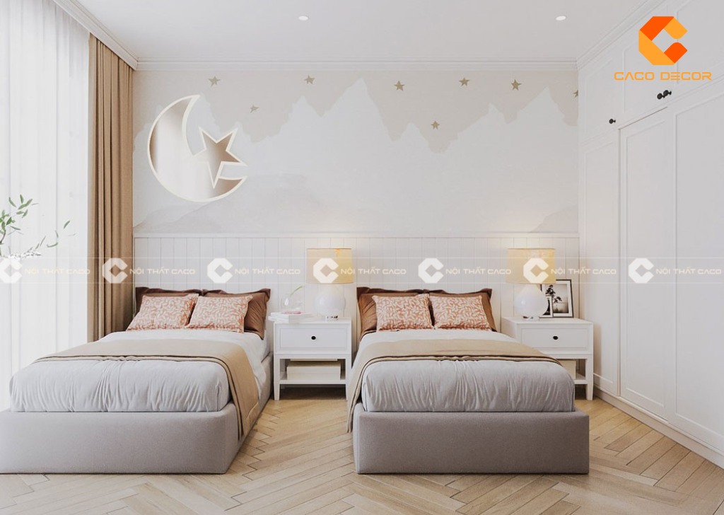 Hai giường đơn được đặt đối xứng thiết kế tối giản