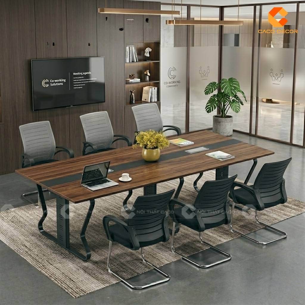 Bàn họp chân sắt đen màu gỗ nâu hiện đại 