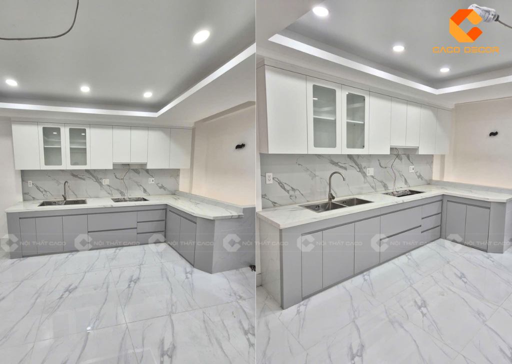 Hình nghiệm thu tủ bếp chữ L hoàn thiện tại công trình