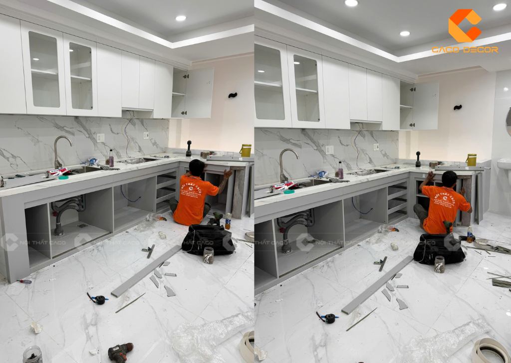 Thi công lắp đặt tủ bếp MDF chữ L tại nhà anh Thông