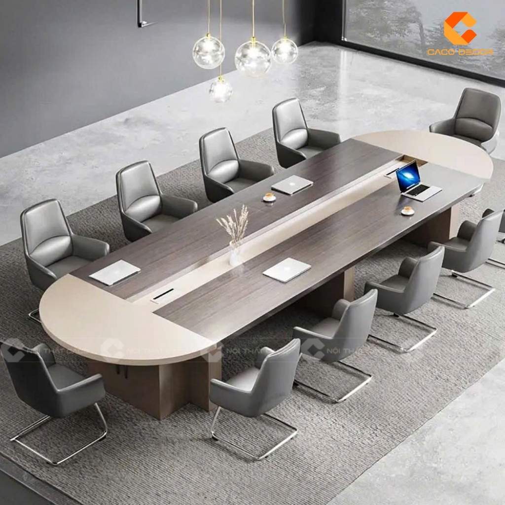 Bàn họp 10 người hình oval màu kem phối gỗ
