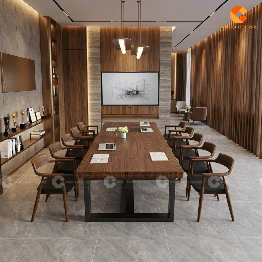 Bàn họp chân sắt được làm từ gỗ tự nhiên hiện đại