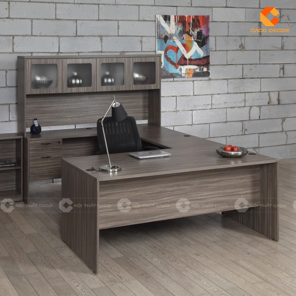 Mẫu bàn giám đốc gỗ công nghiệp MDF màu xám có tủ phụ