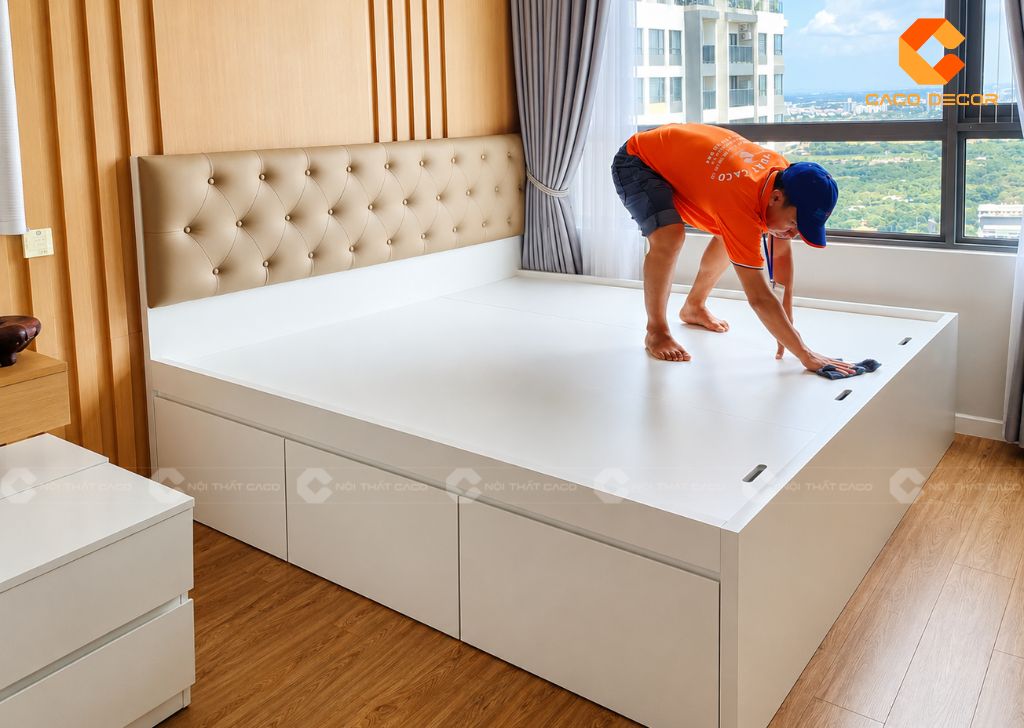 Thi công giường bọc đầu nệm tại Masteri An Phú