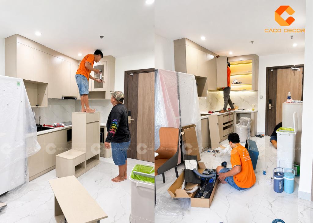 Thợ thi công Nội Thất CaCo lắp đặt hoàn thiện tủ bếp