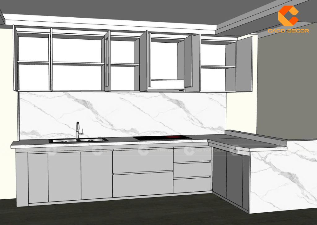 Thiết kế 2D tủ bếp chữ L gỗ MDF bền đẹp