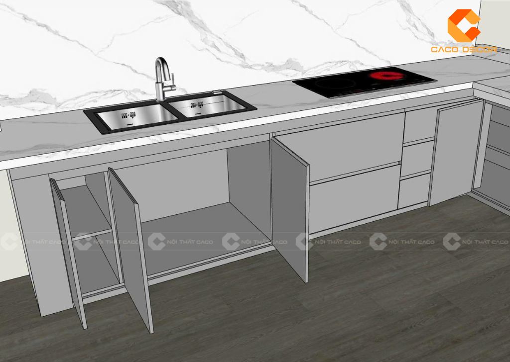 Thiết kế các khoang kệ của tủ bếp dưới