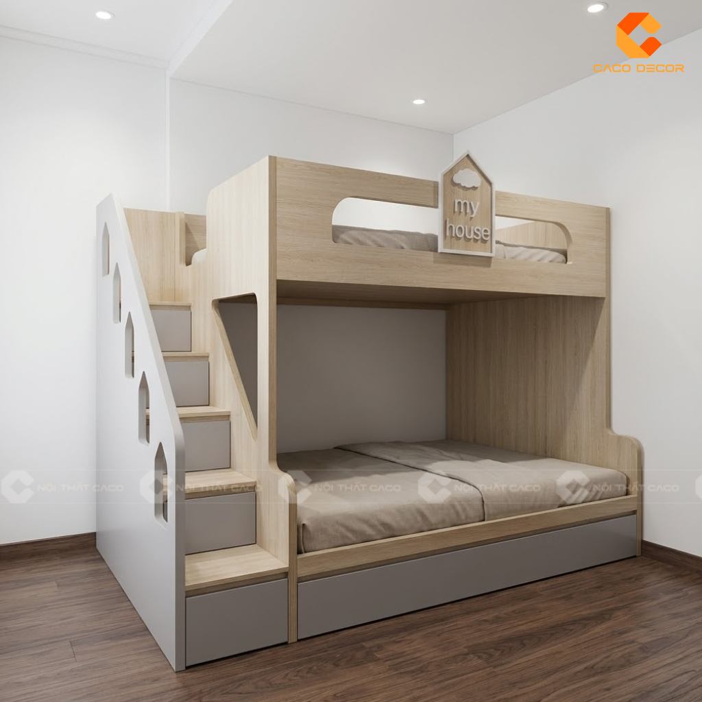 Thiết kế 3D giường tầng trẻ em gỗ MDF hiện đại