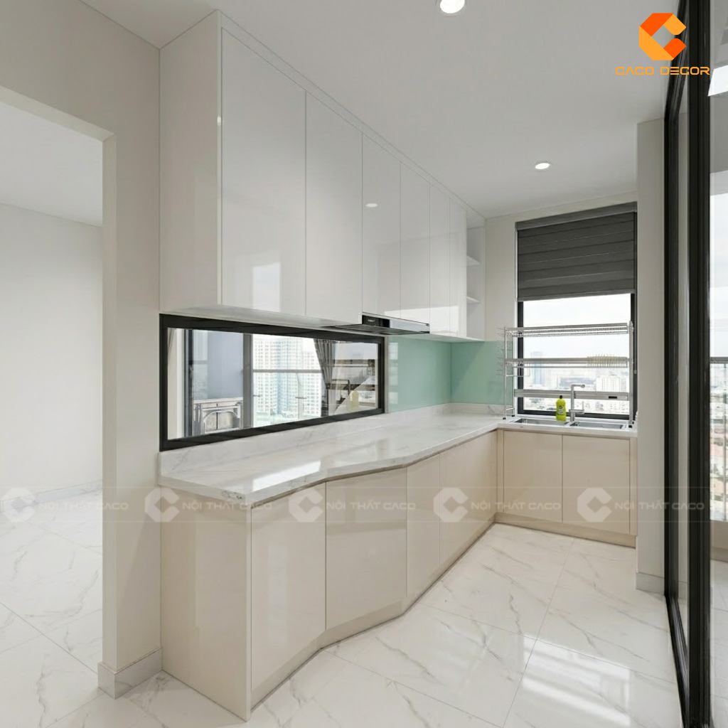 Thiết kế 3D tủ bếp chữ L cao kịch trần nhỏ gọn