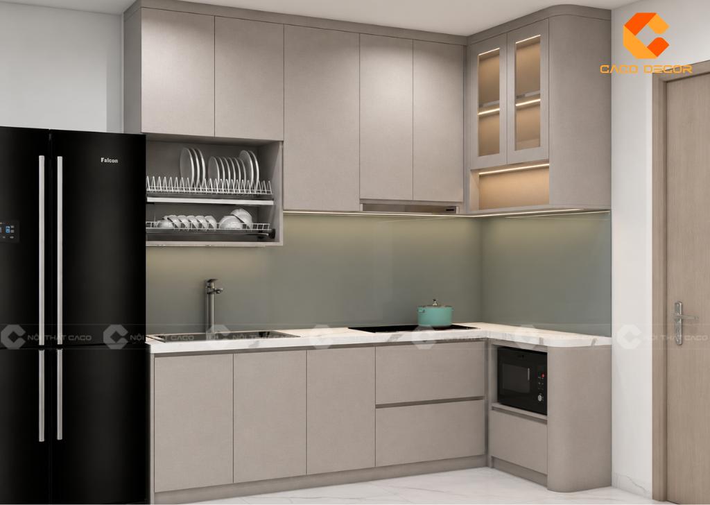 Hình thiết kế 3D tủ bếp chữ L tích hợp đủ công năng