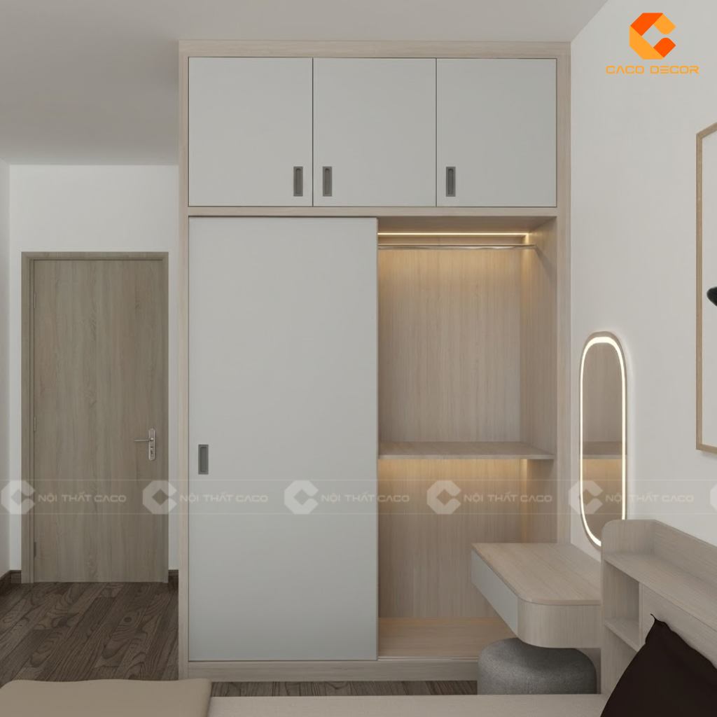 Thiết kế 3D tủ quần áo cửa lùa kèm bàn trang điểm