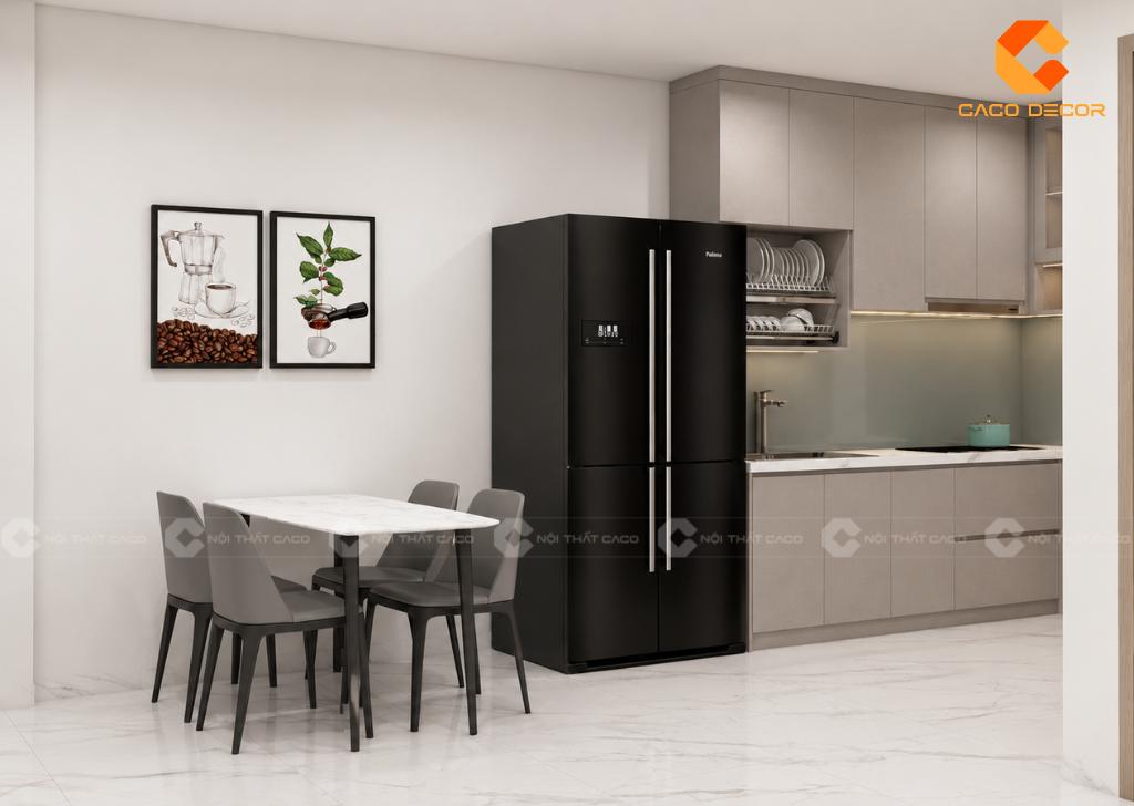 Gian bếp căn hộ với tủ bếp chữ L và bàn ăn 4 ghế chất lượng
