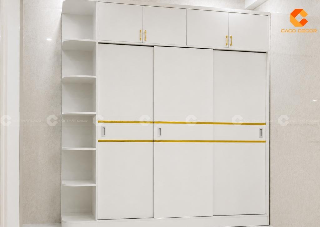 Ảnh 3D tủ quần áo gỗ MDF phủ Melamine cánh lùa trắng chỉ vàng
