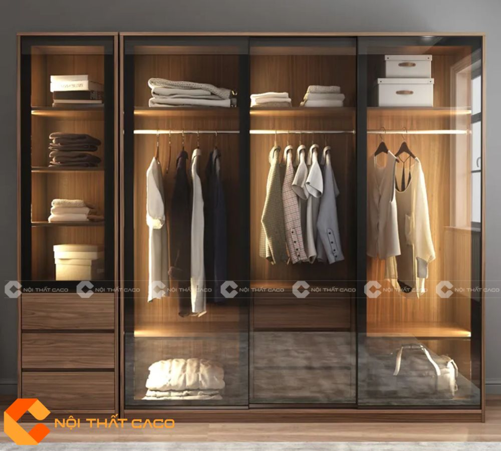 Tủ Áo Cánh Kính Gỗ Công Nghiệp MDF Màu Nâu Vân Gỗ Hiện Đại