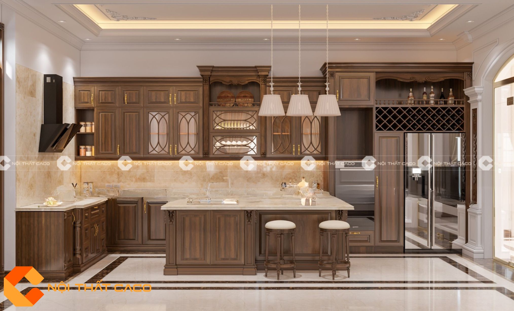 Tủ Bếp Gỗ Óc Chó Cao Cấp Sang Trọng
