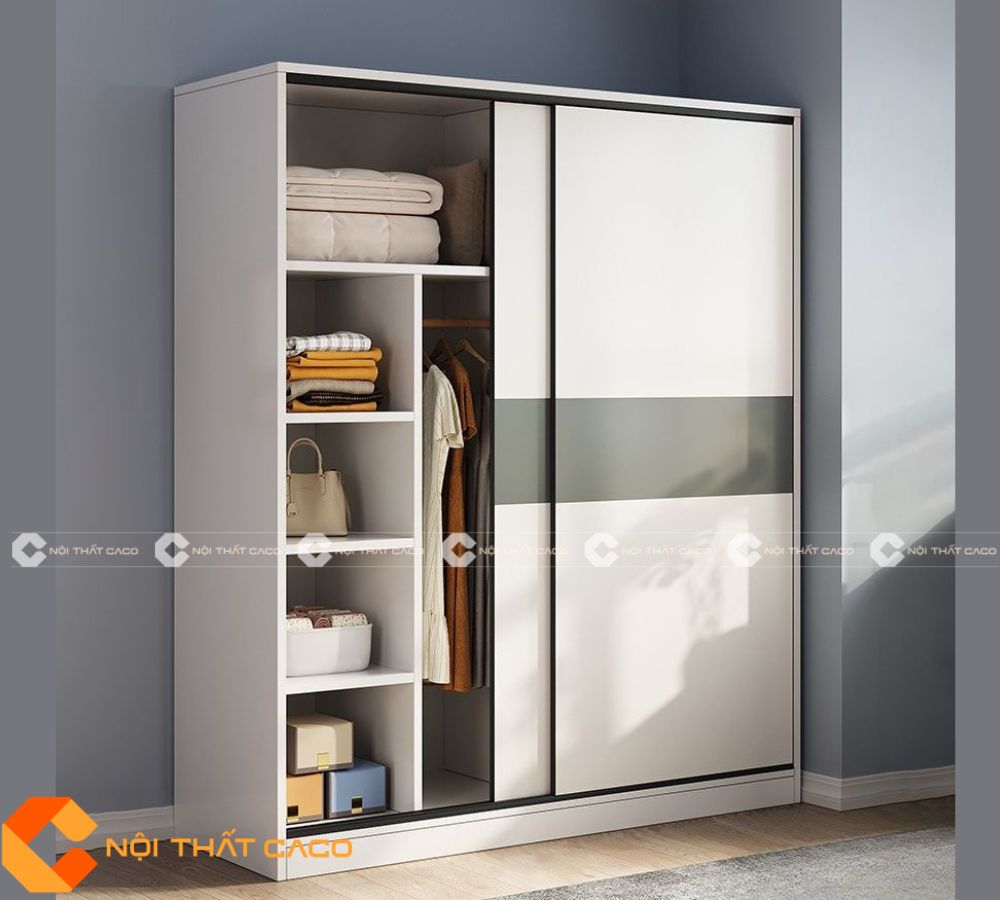 Tủ Áo Gỗ Công Nghiệp MDF Cửa Lùa Màu Trắng Phối Vân Gỗ