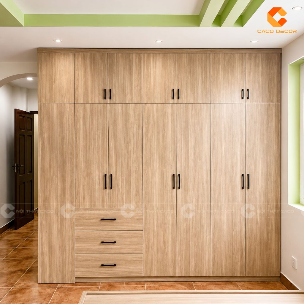 Bàn giao tủ quần áo kịch trần vân gỗ cho phòng ngủ