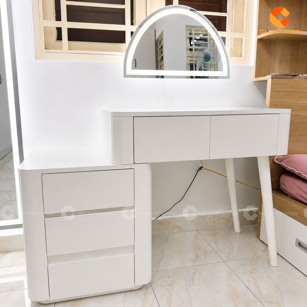 Bàn trang điểm hiện đại màu trắng có hệ hộc kéo