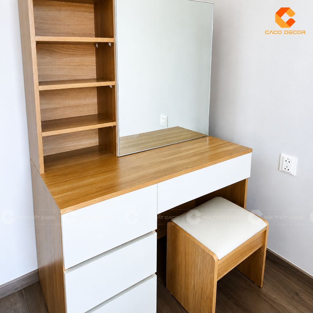 Bàn trang điểm thực tế gỗ sáng phối trắng