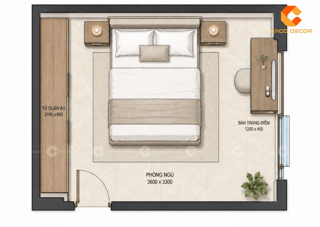 Bản vẽ 2D bố trí nội thất phòng ngủ
