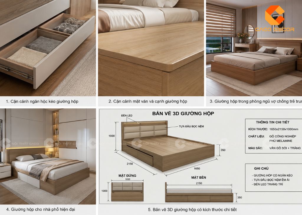 Bản vẽ 3D giường hộp có kích thước theo yêu cầu