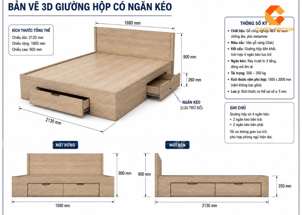 Bản vẽ 3D giường hộp có ngăn kéo