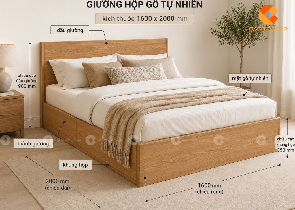 Bản vẽ 3D giường hộp gỗ tự nhiên có kích thước