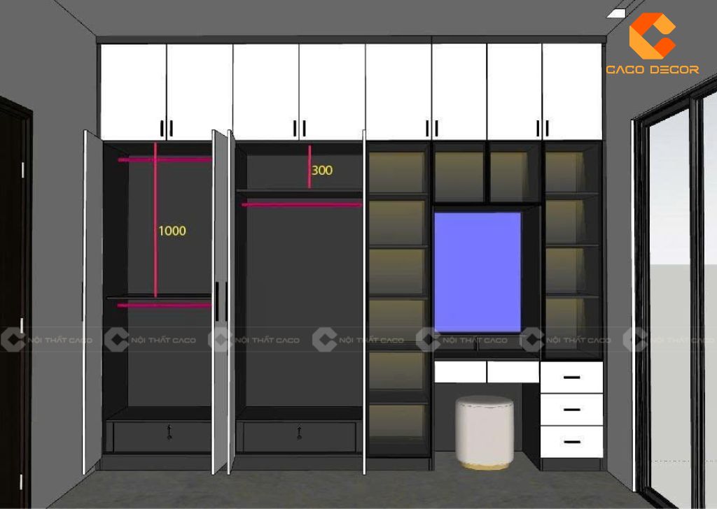 Bản vẽ 3D tủ quần áo kết hợp bàn trang điểm theo yêu cầu