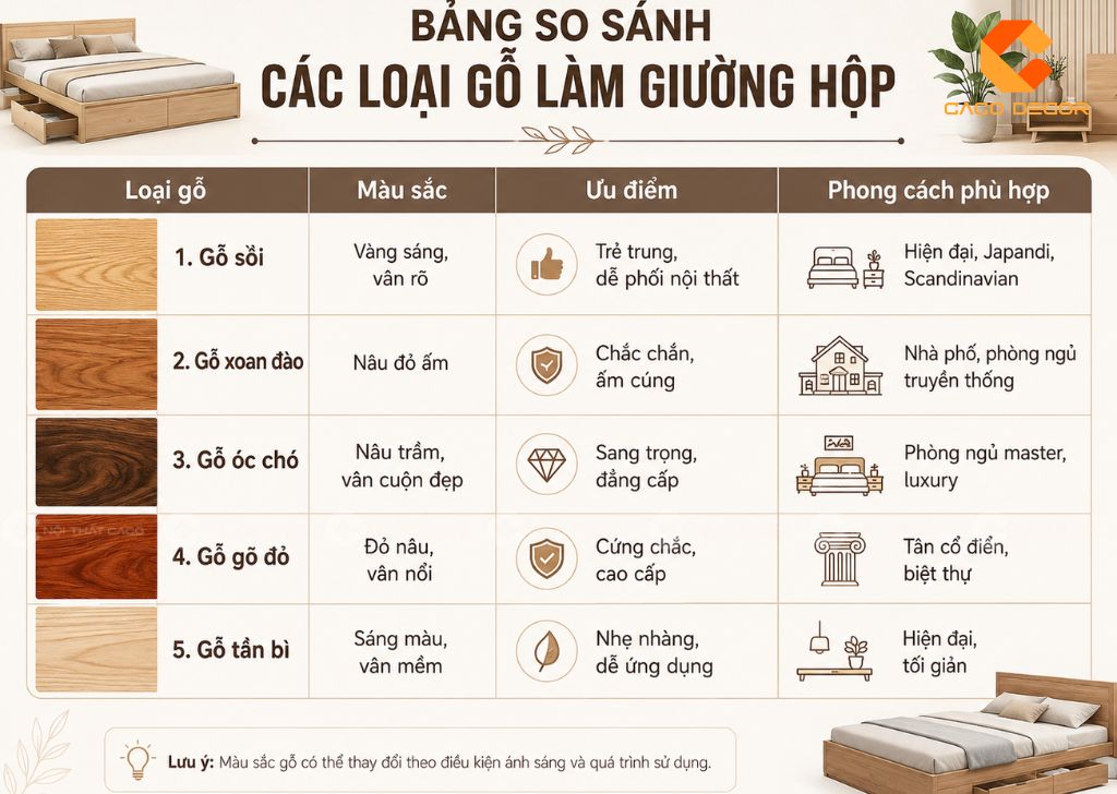 Bảng so sánh các loại gỗ tự nhiên làm giường hộp phổ biến