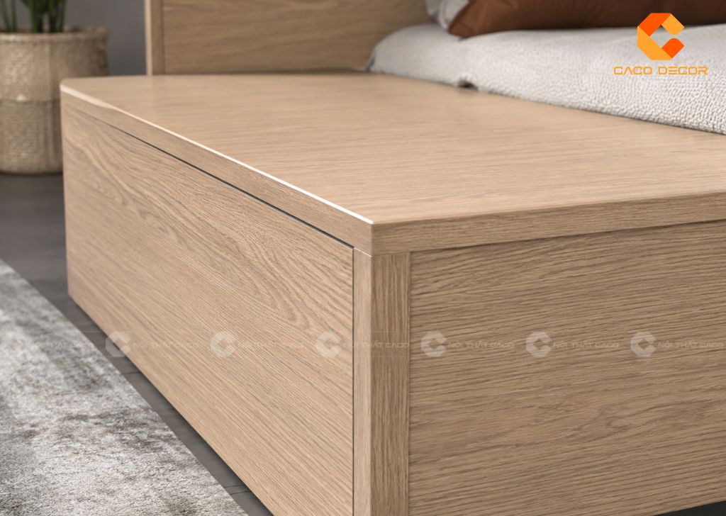 Cận cảnh mặt ván và cạnh giường hộp gỗ công nghiệp sắc nét