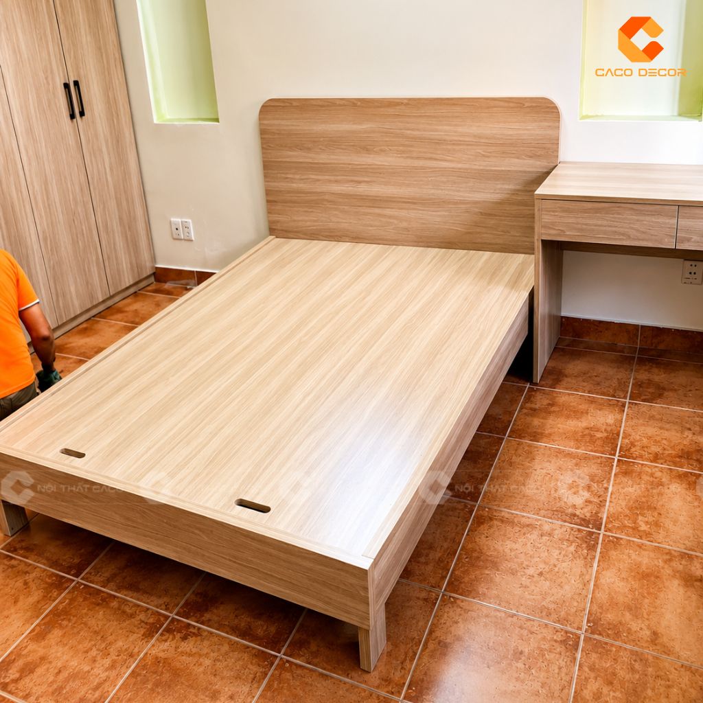 Giường ngủ 1m6 vân gỗ kết hợp bàn làm việc