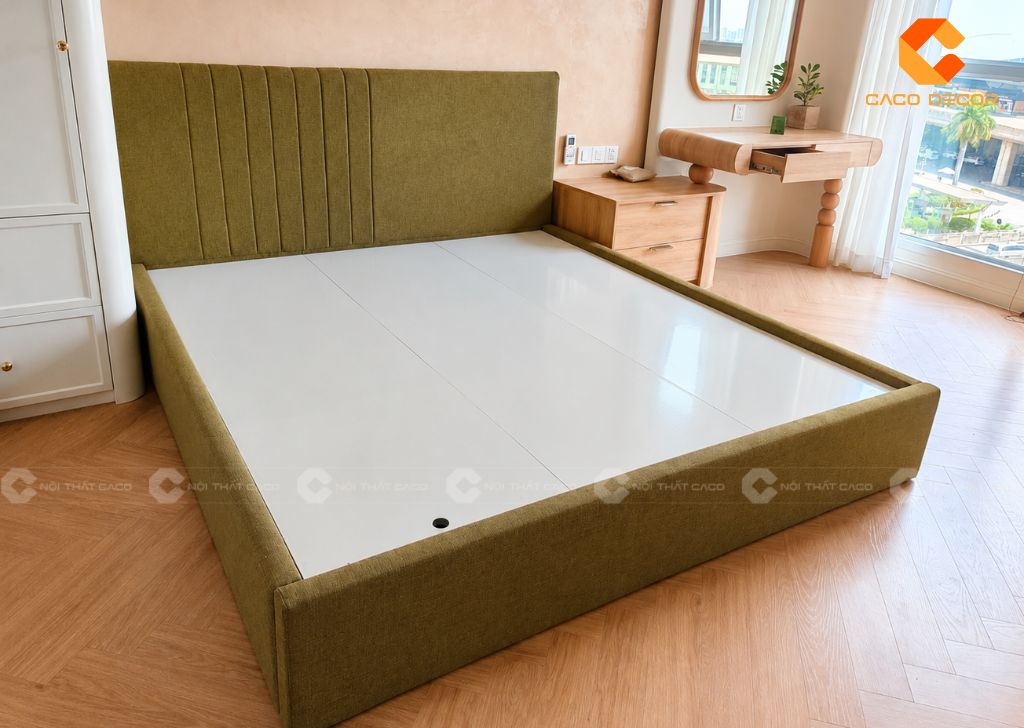 Giường ngủ bọc nệm xanh rêu khung gỗ MDF chống ẩm