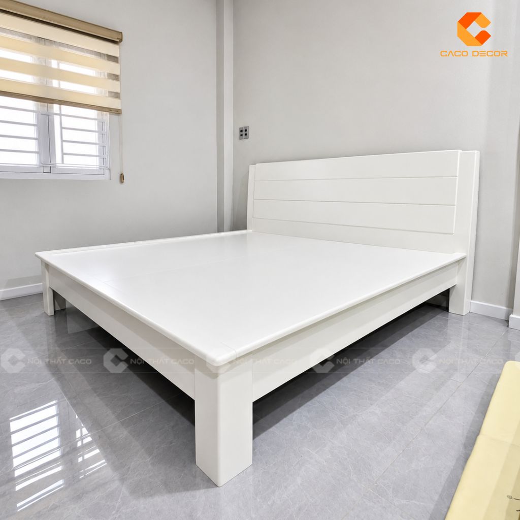 Góc nghiêng giường ngủ gỗ sồi Nga sơn trắng sữa