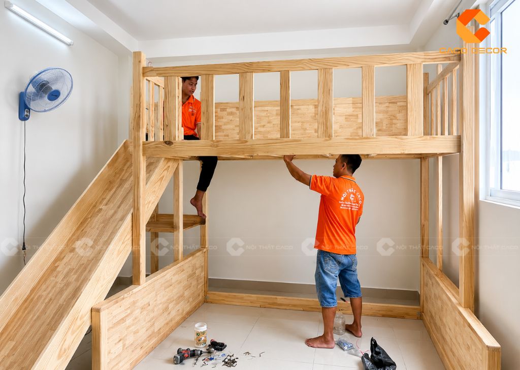 CaCo lắp đặt giường gỗ tự nhiên tại nhà khách hàng