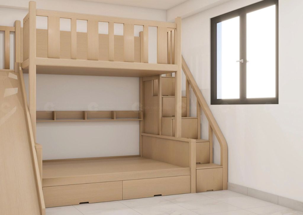 Giường Tầng Gỗ Tự Nhiên GT074 Có Cầu Trượt Cho Bé 1