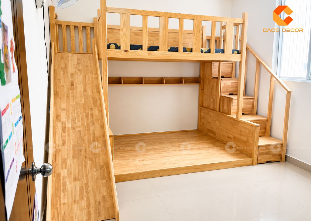 Giường Tầng Gỗ Tự Nhiên GT074 Có Cầu Trượt Cho Bé 4