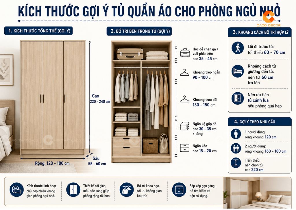Kích thước gợi ý thiết kế tủ quần áo cho phòng ngủ nhỏ