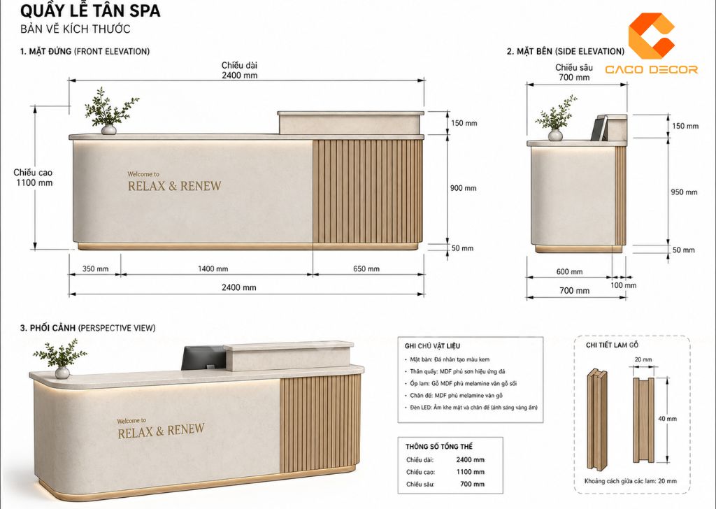 Kích thước quầy lễ tân spa tham khảo theo mặt bằng