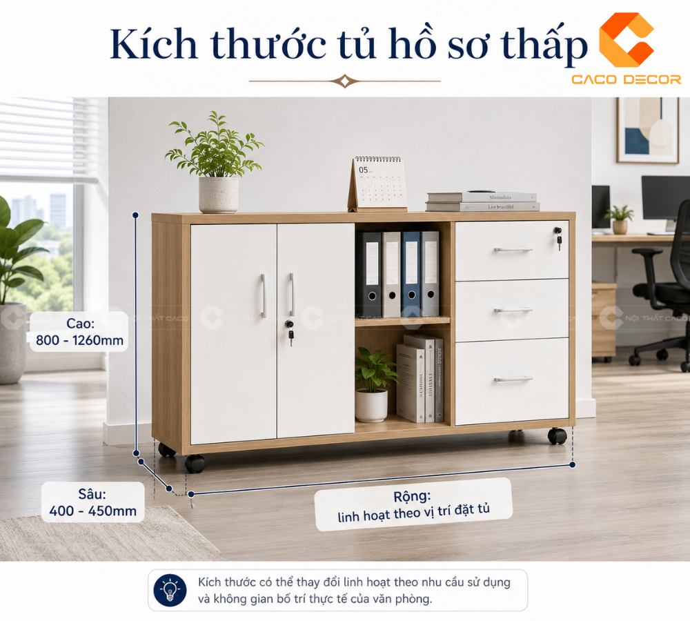 Kích thước tủ hồ sơ thấp tham khảo