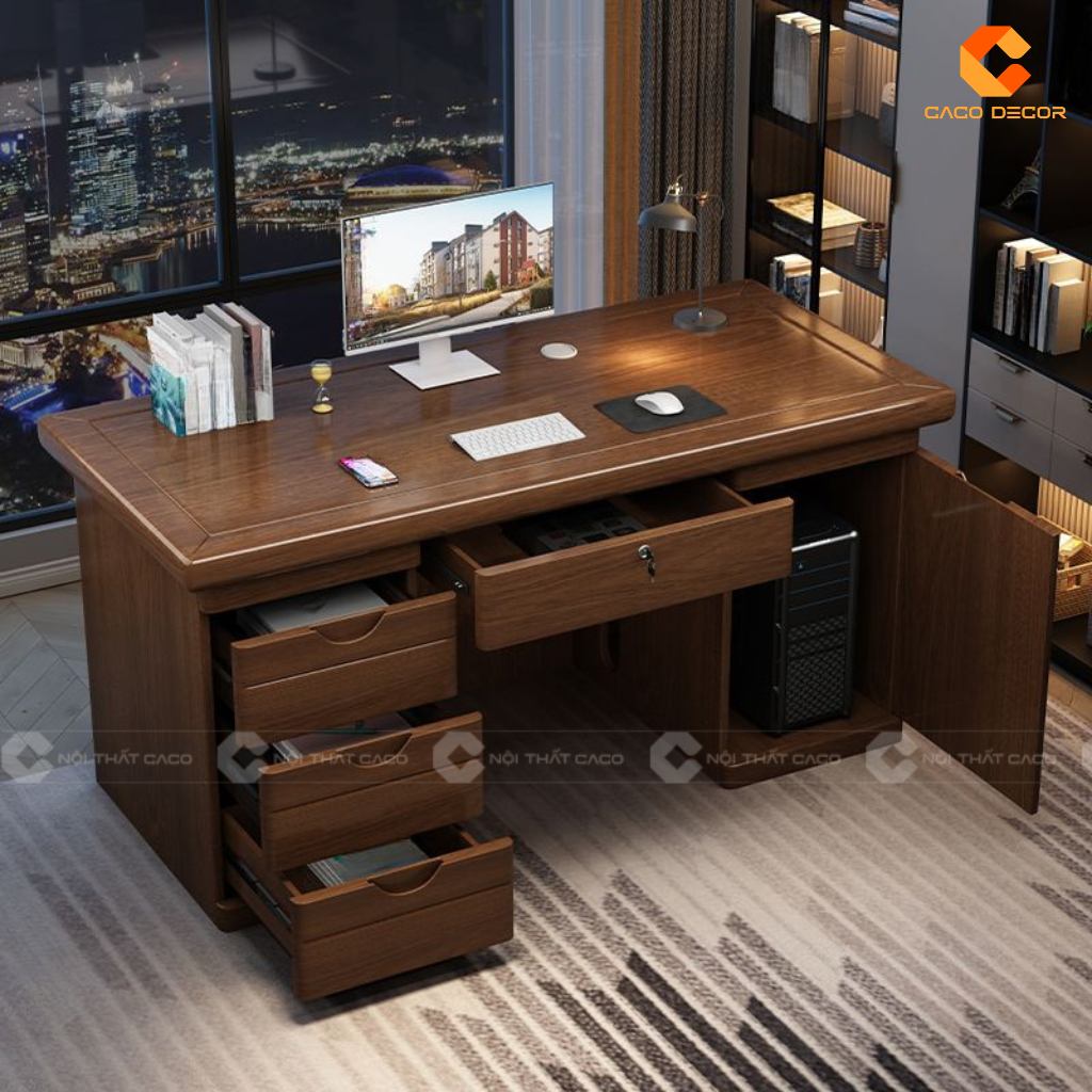 Thiết kế bàn giám đốc gỗ sồi với nhiều hộc kéo đựng đồ