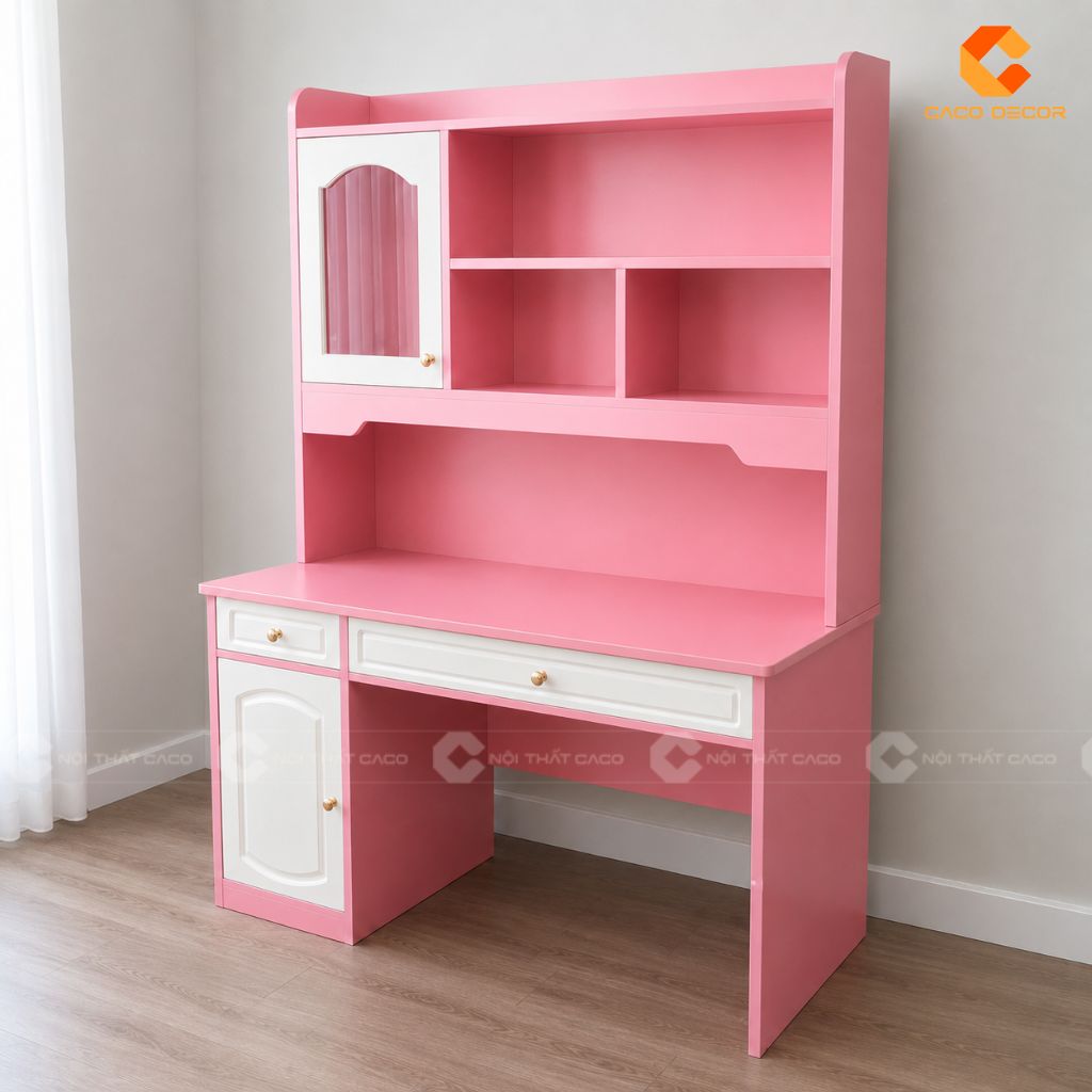 Mẫu bàn học màu hồng đáng yêu cho bé gái