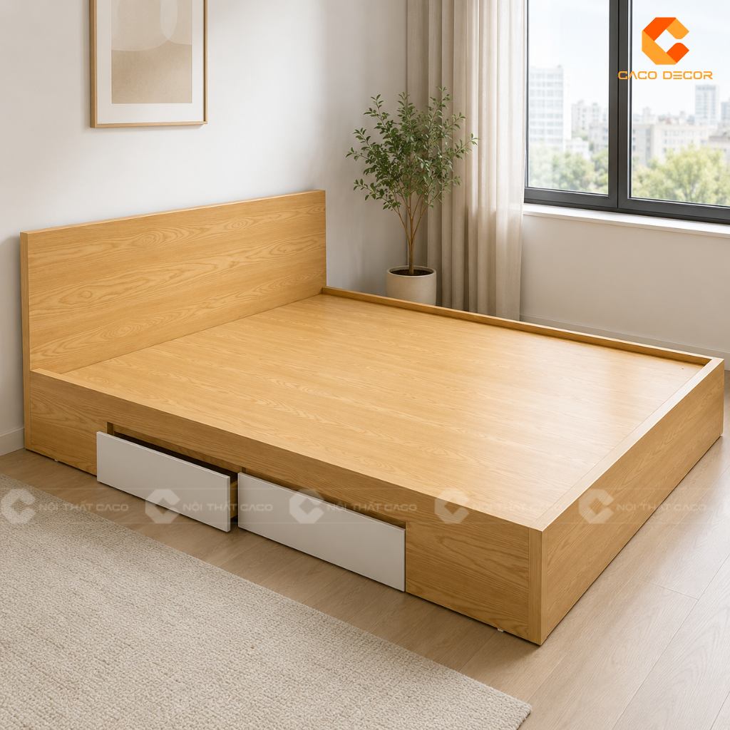 Mẫu giường gỗ MDF phủ Melamine tích hợp 2 hộc kéo
