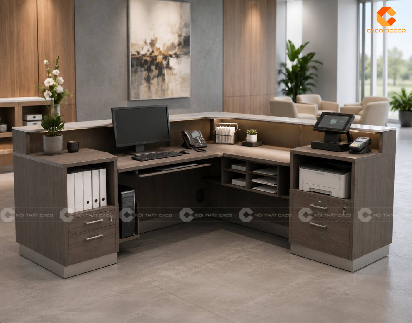 Mẫu quầy lễ tân gỗ MDF nhiều hộc kéo lưu trữ