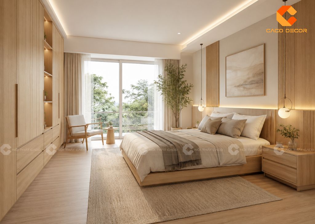 Mẫu thiết kế nội thất phòng ngủ hiện đại màu gỗ sáng