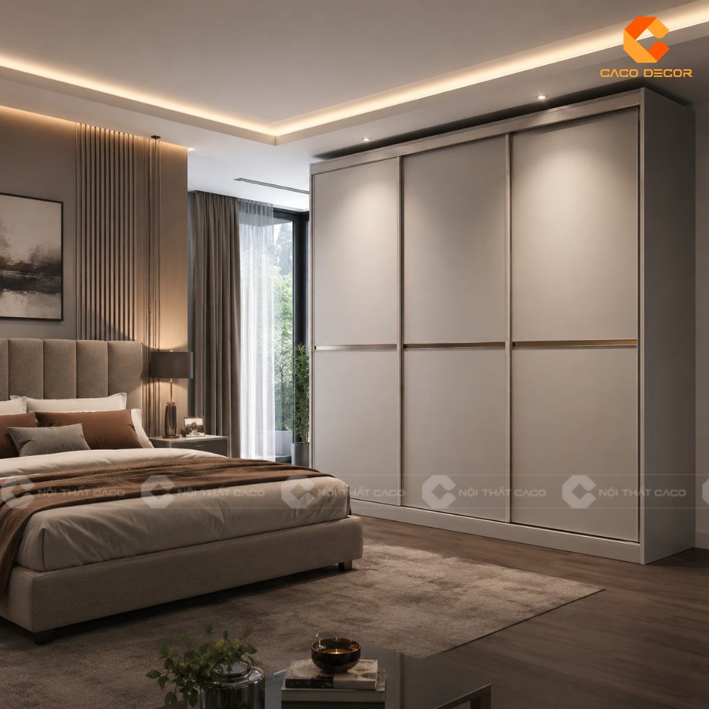 Mẫu tủ áo 3 cánh lùa gỗ công nghiệp phủ Melamine