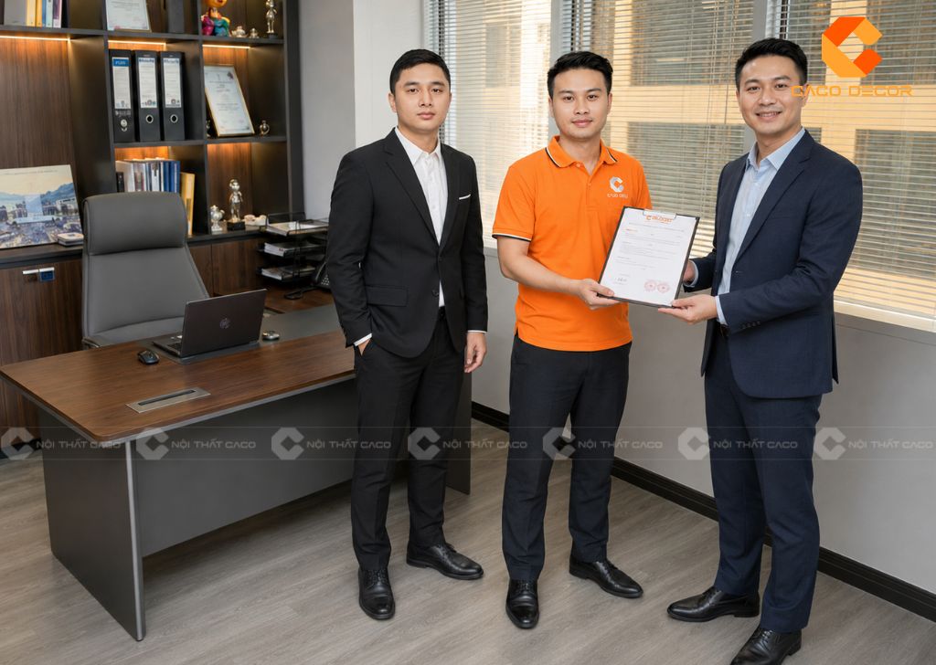 Nhân viên Nội Thất CaCo bàn giao bàn giám đốc thực tế cho doanh nghiệp
