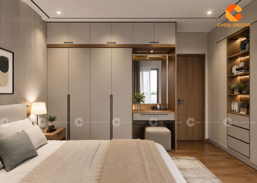 Phòng ngủ chung cư hiện đại có tủ kịch trần và bàn trang điểm