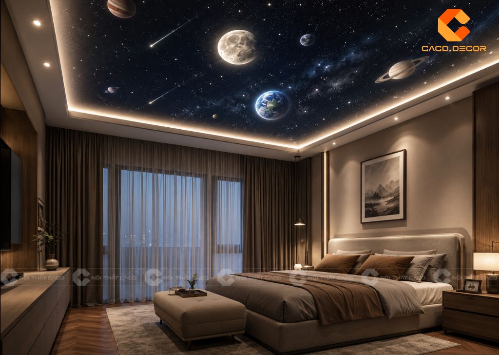 Phòng ngủ có rèm hai lớp và màu sơn trung tính