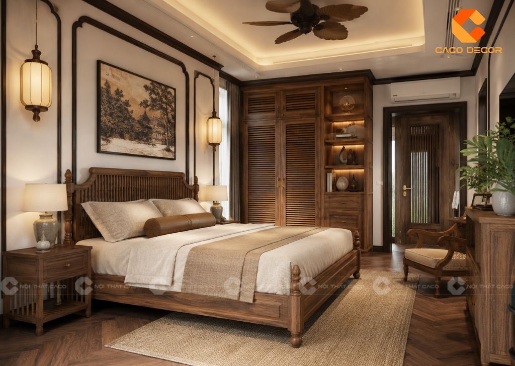Phòng ngủ Indochine có nội thất gỗ tự nhiên