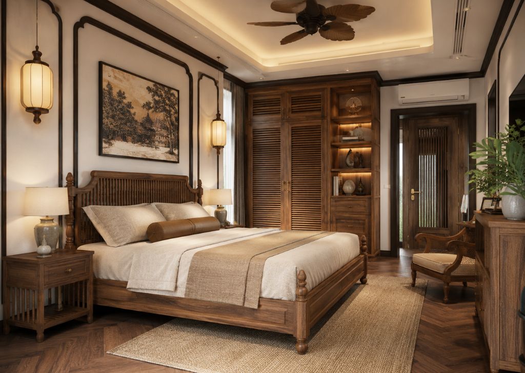 Phòng ngủ Indochine có nội thất gỗ tự nhiên